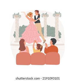 Theatre isolated cartoon vector illustration. Family watching theater play, sitting on row of seats, going out with kids, leisure time, social event, applauding to actors vector cartoon.