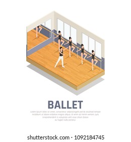 Theatre isometric icons composition with editable text and human characters of ballet dancers in rehearsal hall vector illustration