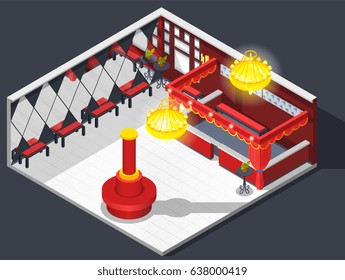 Theatre isometric interior composition of checkroom lobby furniture dressing area with mirrors seats and luminant chandeliers vector illustration