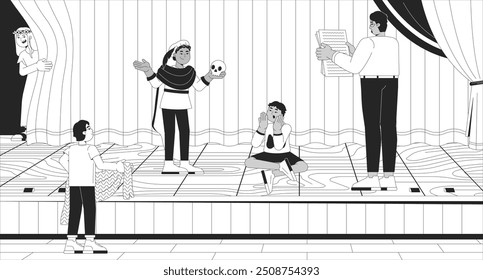 Theatre kids rehearsal Hamlet performance black and white line illustration. Young actors on stage theater 2D characters monochrome background. Extracurricular drama club outline vector image