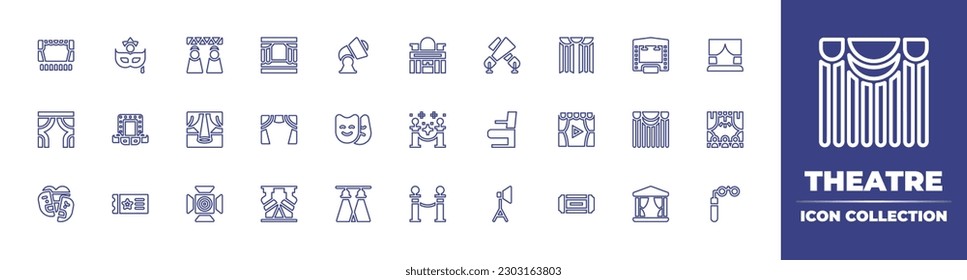 Theatre line icon collection. Editable stroke. Vector illustration. Containing theater, mask, spotlight, stage, cinema, curtain, curtains, dressing room, separator, chairs, theatre, drama, ticket.