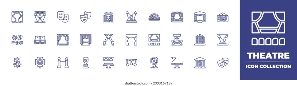 Theatre line icon collection. Editable stroke. Vector illustration. Containing stage, spotlight, mask, masks, theater, theatre, seats, curtains, puppet, backstage, lighting, light, line, prize.