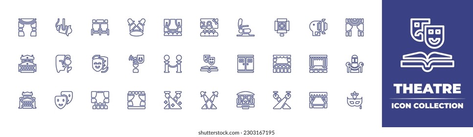 Theatre line icon collection. Editable stroke. Vector illustration. Containing theatre, spotlight, chair, stage, cinema, seat, theater, bolshoi theatre, opera, theatre mask, podcast, queue, book.