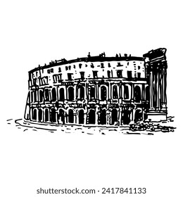 Das Theater von Marcellus in Rom, Italien. Historisches römisches Baudenkmal. Handgezeichnete lineare Doodle grobe Skizze. Schwarz-Weiß-Silhouette.