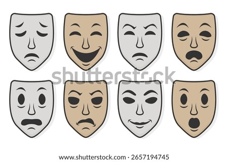 Theatre mask vector icon set. Masquerade vector icons. Comic and tragic mask icons. Theatrical masks. Comic and tragic mask set. Vector