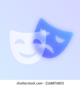 Das Theater maskiert das schicke Symbol des Glasmorphismus. Das Theater maskiert ein transparentes Glas-Vektorsymbol mit unscharfem und violettem Farbverlauf. für Web- und i-Design, mobile Apps und Werbebanner, Poster