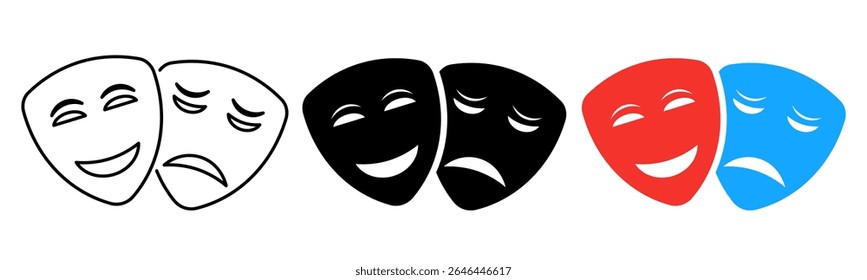 Ícone de máscaras de teatro - conjunto de símbolos de drama de comédia e tragédia.Mascarar ícone vetor