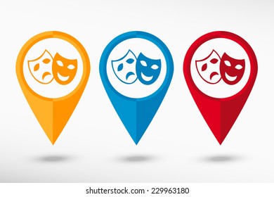 Theatre Masks Symbols map pointer.  Flat design style 