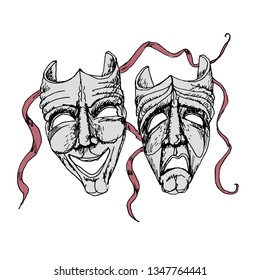 Theatre Masks.Comedy and tragedy vector icons. Engraving style. Victorian Era hand drawn illustration