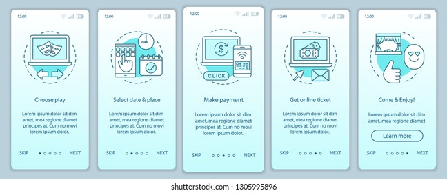 Theatre onboarding mobile app page screen vector template. Play online ticket payment. Spectacle piece event. Walkthrough website steps, linear illustrations. UX, UI, GUI smartphone interface concept