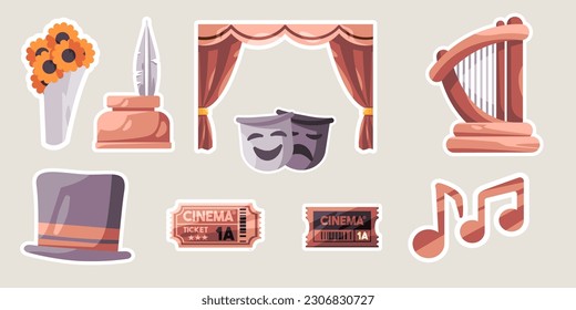 Theatre opera comedy stage performance object set collection drawing illustration sticker doodle cartoon style