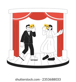 Theatre performance 2D vector monochrome isolated spot illustration. Creative hobby. Talented flat hand drawn people holding masks, acting on stage on white background. Editable outline cartoon scene