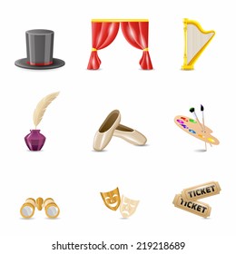 Theatre performance and acting icons set realistic isolated vector illustration