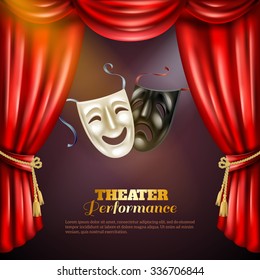 Theatre performance realistic background with comedy and tragedy masks vector illustration 