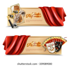  Theatre performance realistic horizontal banners set with curtain and masks isolated vector illustration 