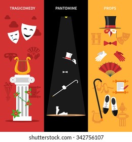 Theatre performance vertical banners set with tragicomedy pantomime and props symbols flat isolated vector illustration 