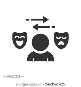 theatre personality icon, bipolar disorder person, disguise identity psychology, theatre masks, flat symbol on white background - vector illustration