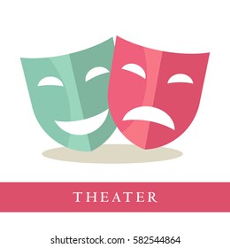 Theatre pink and blue masks icons isolated on white background. Comedy and tragedy symbols. Symbols of performance at theatrical scene. Advertisement logotype for theater plays vector illustration
