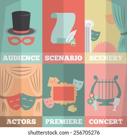 Theatre poster mini set with audience scenario scenery actors premiere concert isolated vector illustration