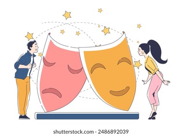 Theatre premiere people. Man and woman stand near theatrical masks. Culture and entertainment. Drama and tragedy, opera performance. Actor and actress. Linear vector illustration