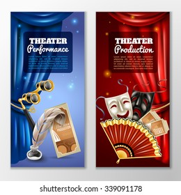 Theatre realistic vertical banners set with performance and production symbols isolated vector illustration 