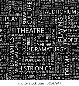 THEATRE. Seamless vector pattern with word cloud. Illustration with different association terms.