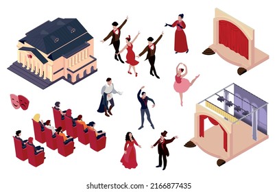 Theatre set with performance and premiere symbols isometric isolated vector illustration