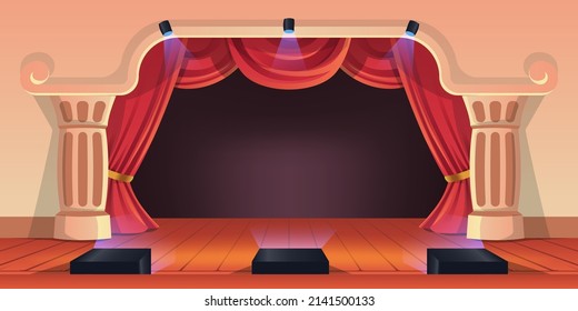 Theatre show performance with red curtain elegant drapery and wood floor for movie, show, comedy, theatrical, music, performing