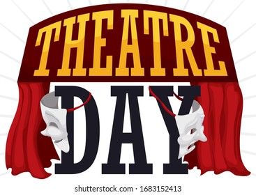 Theatre stage decorated with red curtains and comedy and tragedy masks ready for a special presentation during Theatre Day.