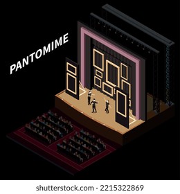 Concepto isométrico interior escénico teatral con ilustración vectorial de rendimiento pantomima