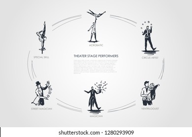 Theatre stage performance - acrobatic, circus artist, ventriloguist, magician, street magician, special skill vector concept set. Hand drawn sketch isolated illustration