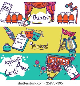 Theatre stage performance horizontal banner set with hand drawn elements vector illustration