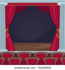 Theatre stage with red velvet curtains and spectator room