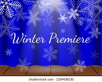 Theatre stage with snowflakes. Winter premiere. Vector illustration.