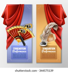 Theatre and stage vertical banners set with fan and opera glass realistic isolated vector illustration 