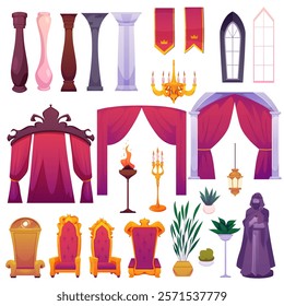 Theatre or throne room interior decoration objects vector flat set. Red curtains and draperies, throne chair, chandelier with candles and torch. Vintage warrior statue with sword illustration isolated