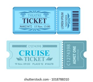 Theatre ticket cruise coupon set of vector illustrations pass admissions to entertainment and travelling event with control check code in blue colors