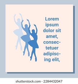 Theatre ticket design. Ballet flyer template. Ballerina silhouette in the tutu and pointe shoe with butterfly. Blue card design. Vector illustration