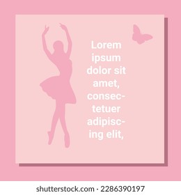 Theatre ticket design. Ballet flyer template. Ballerina silhouette in the tutu and pointe shoe with butterfly. Pink card design with copy space text. Vector illustration