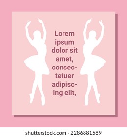 Theatre ticket design. Ballet flyer template. Ballerina silhouette in the tutu and pointe shoe. Pink card design with copy space text. Vector illustration