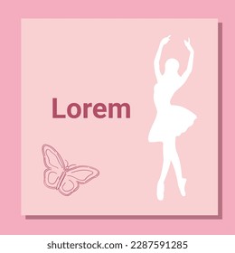 Theatre ticket design. Ballet flyer template. Ballerina white silhouette in the tutu and pointe shoe with butterfly. Pink card design with copy space text. Vector illustration