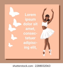 Theatre ticket design. Ballet flyer template. Faceless ballerina silhouette in the white tutu and pointe shoe with butterfly. Beige card design with copy space text. Vector illustration