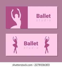 Theatre ticket design. Ballet school flyer template. Ballerina silhouette in the tutu and pointe shoe. Pink and purple card design. Vector illustration