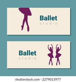 Theatre ticket design. Ballet school flyer template. Ballerina silhouette in the tutu and pointe shoe. Blue and purple card design. Vector illustration