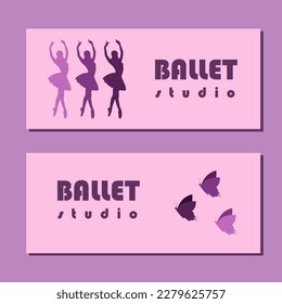 Theatre ticket design. Ballet school flyer template. Ballerina silhouette in the tutu and pointe shoe with butterfly. Pink and purple card design. Vector illustration