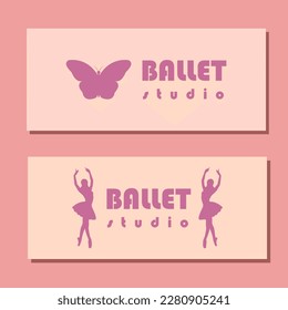 Theatre ticket design. Ballet school flyer template. Ballerina silhouette in the tutu and pointe shoe with butterfly. Brown and purple card design. Vector illustration