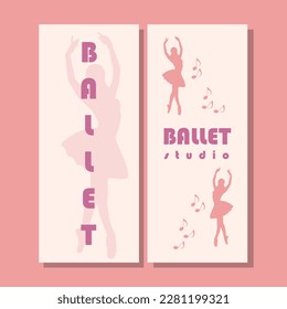 Diseño de boletos de teatro. Plantilla de volante de escuela de ballet. Silhouette de Ballerina en el tutu y zapato de punta con mariposa. Diseño de tarjetas marrón y morado. Ilustración del vector