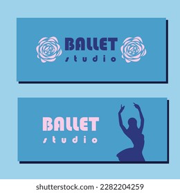 Diseño de boletos de teatro. Plantilla de volante de escuela de ballet. Silhouette de Ballerina en el tutu y zapato de punta con flor. Diseño de tarjetas azul y rosa. Ilustración del vector