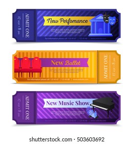 Theatre ticket horizontal banners set with ballet and music show symbols flat isolated vector illustration 