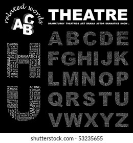 THEATRE. Vector letter collection. Wordcloud illustration.